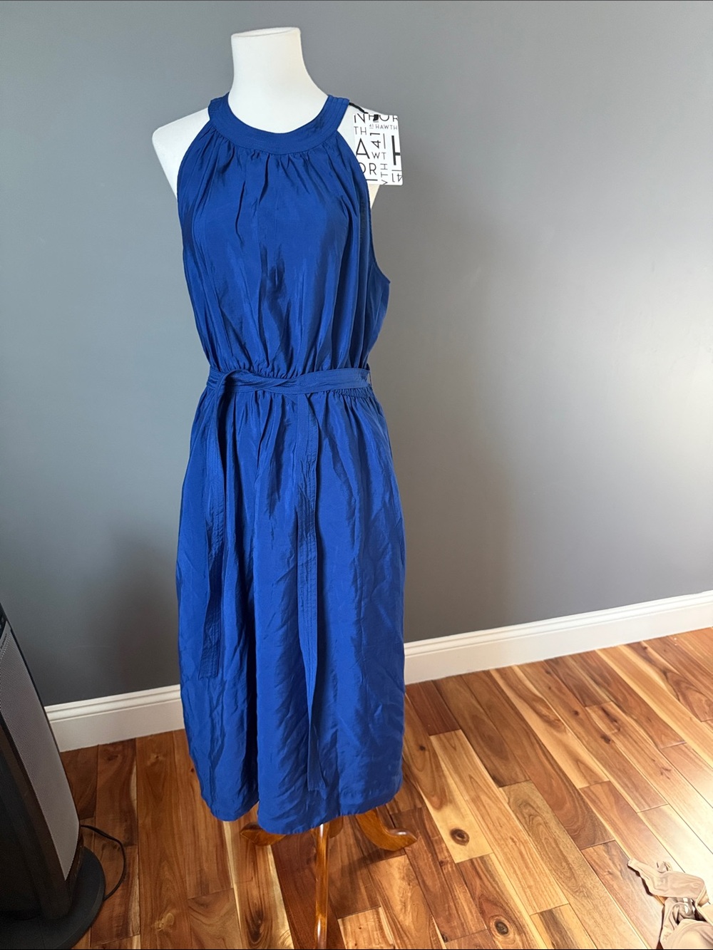 Women's Blue Sleeveless Midi Dress with Waist Tie